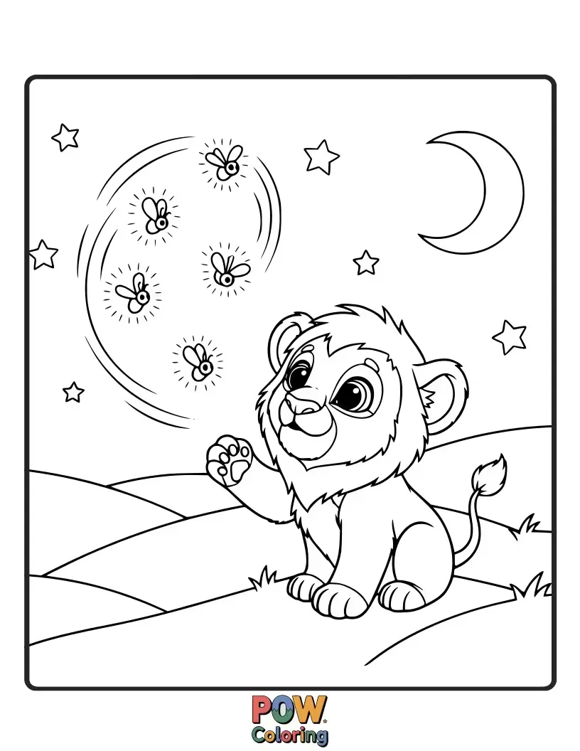 Free coloring page of A magical cub watches fireflies dance around it in the twilight. Enchanting and serene.