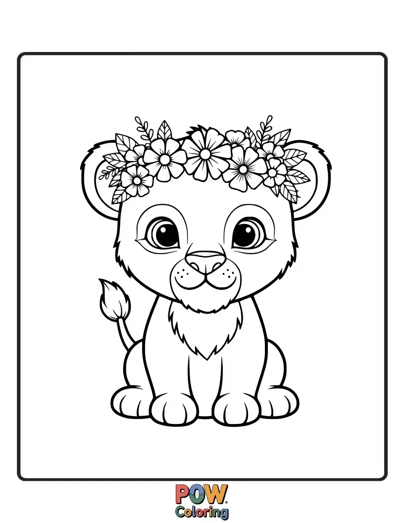 Free coloring page of A pretty cub wears a delicate crown made of colorful wildflowers. Beautiful and charming.