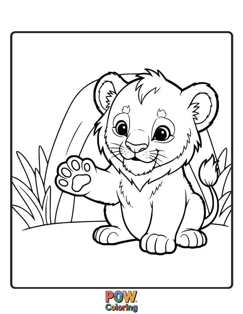 Free coloring page of A sweet cub gently reaches out its paw to touch a fuzzy caterpillar. Delicate interaction.