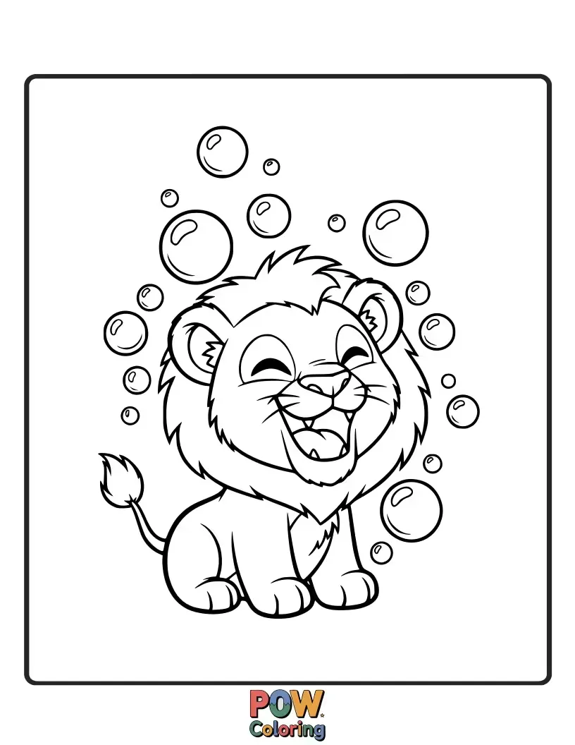 Free coloring page of A delighted cub blows a stream of magical bubbles, giggling with joy. Whimsical and fun.