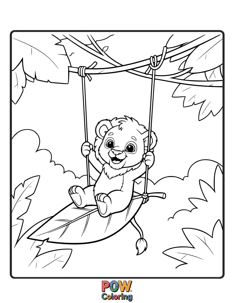 Free coloring page of A happy cub playfully swings on a sturdy vine hanging from a tree branch. Energetic and fun.