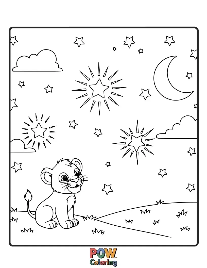 Free coloring page of A tiny cub gazes up at a sky filled with twinkling stars. Magical and enchanting.
