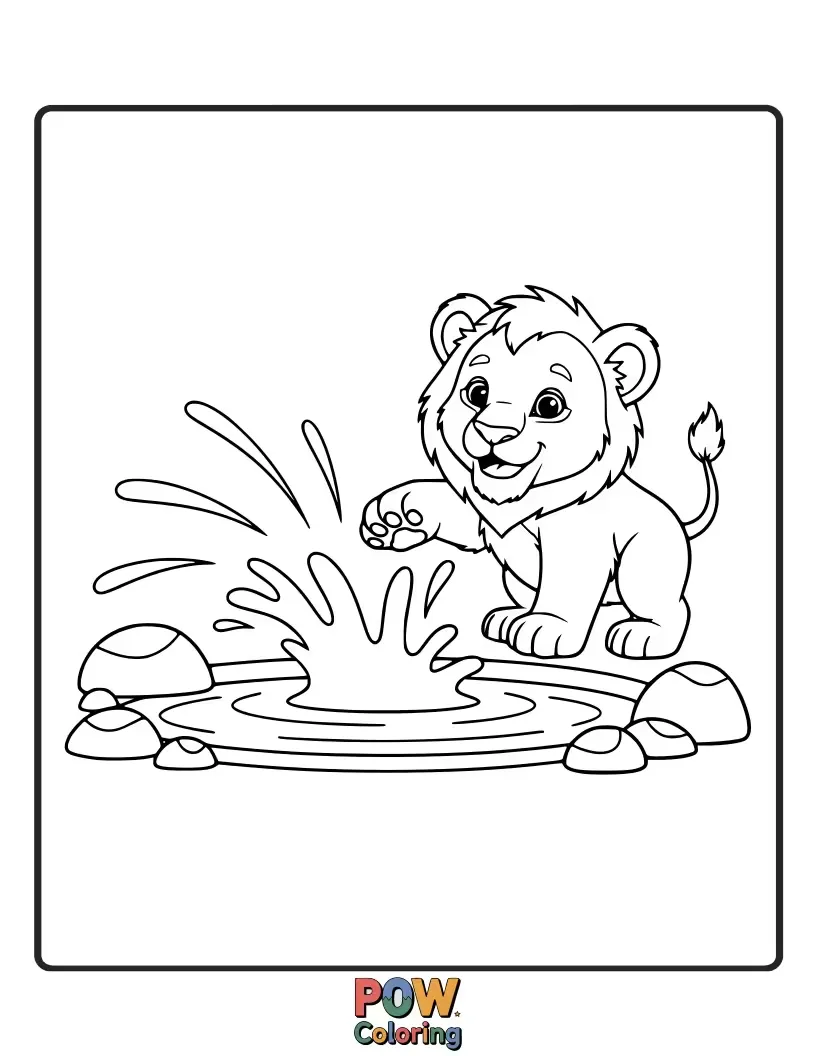 Free coloring page of A playful cub splashes joyfully at the edge of a serene watering hole. Refreshing and fun.