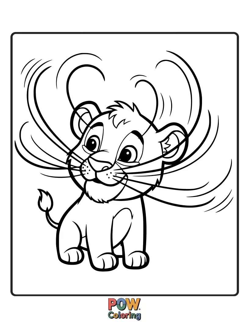 Free coloring page of A curious cub's whiskers are a blur as it sniffs an interesting scent. Expressive and funny.