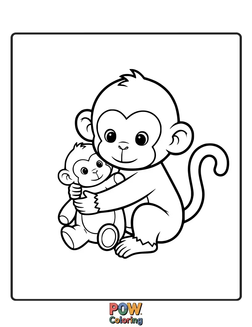 Free coloring page of A tiny baby monkey embraces a sweet flower, its fur soft and cuddly. A picture of pure innocence and gentle charm.