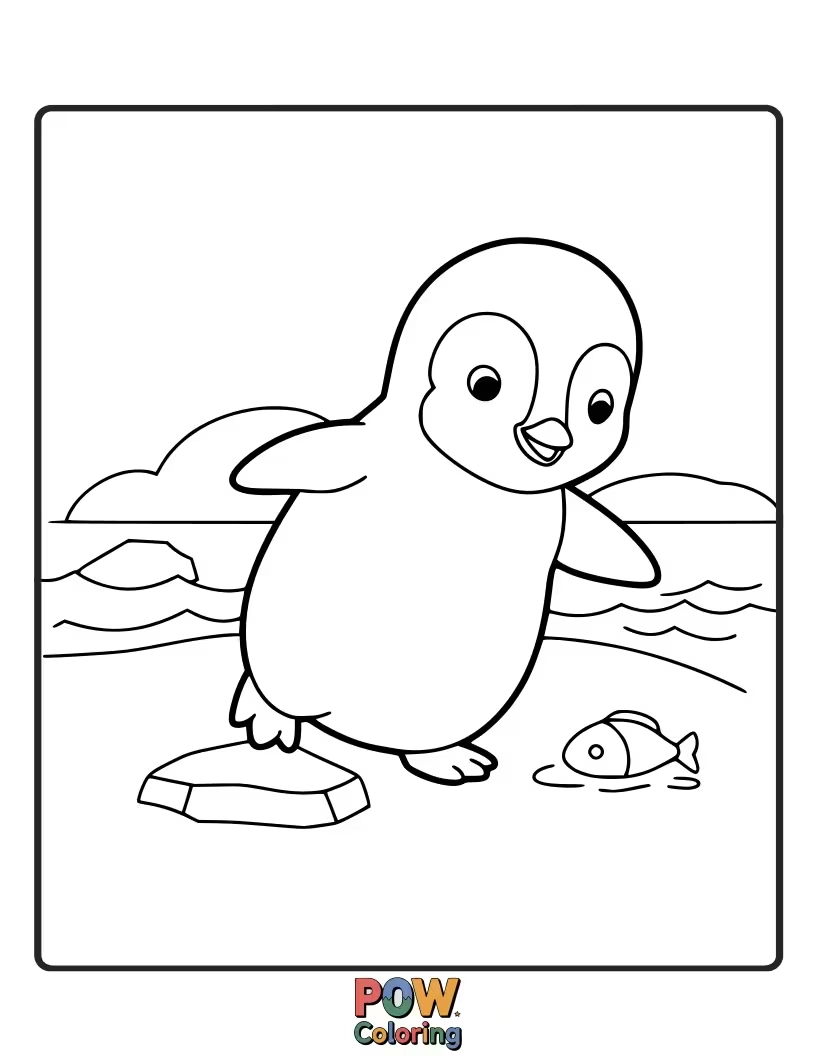 Free coloring page of An adorable, fluffy baby penguin waiting for its parent. This sweet design is perfect for young children to color and explore soft textures.