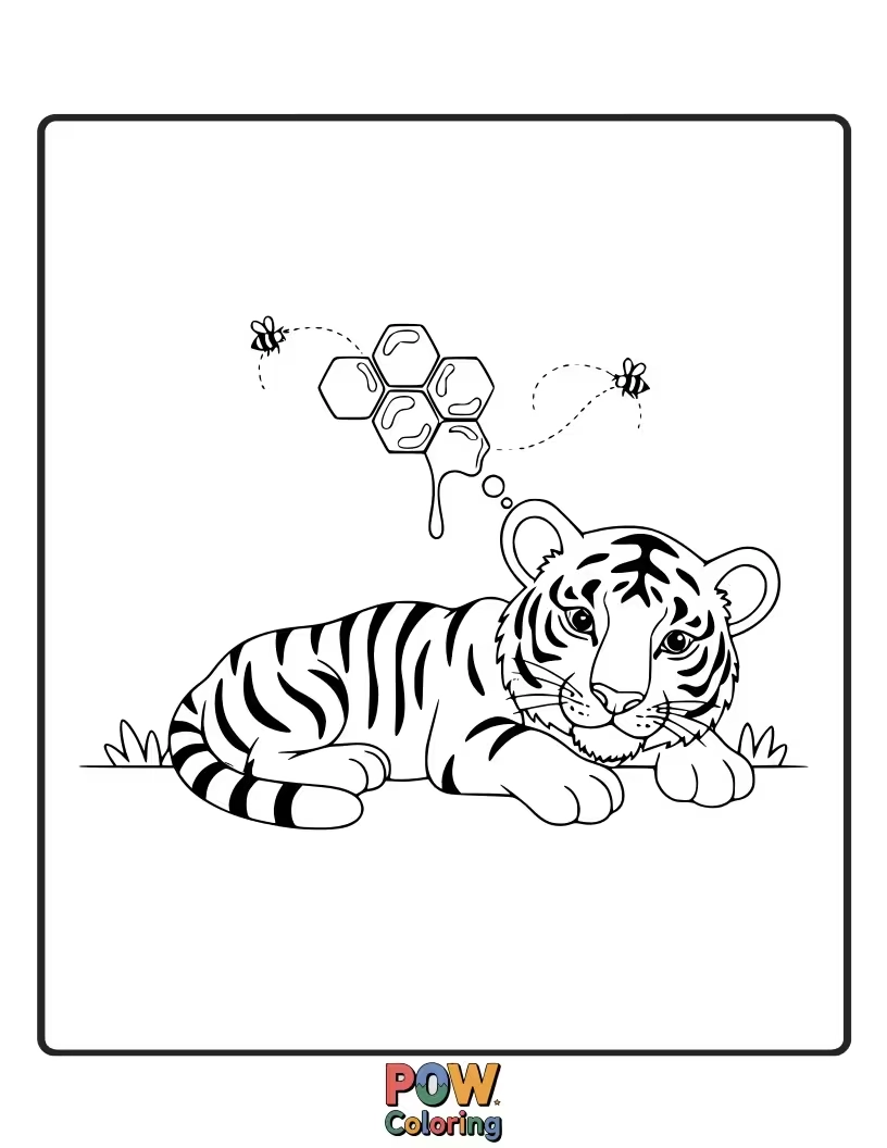 Free coloring page of A sweet baby tiger asleep with a dreamy smile, perhaps dreaming of a delicious pot of jungle honey. Sweet dreams, little one!