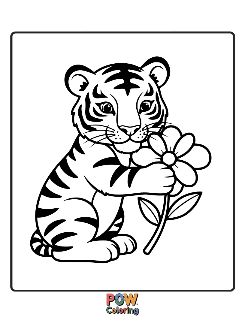 Free coloring page of A tender baby tiger giving a giant, fluffy flower a big hug. Spreading jungle love and adorability.