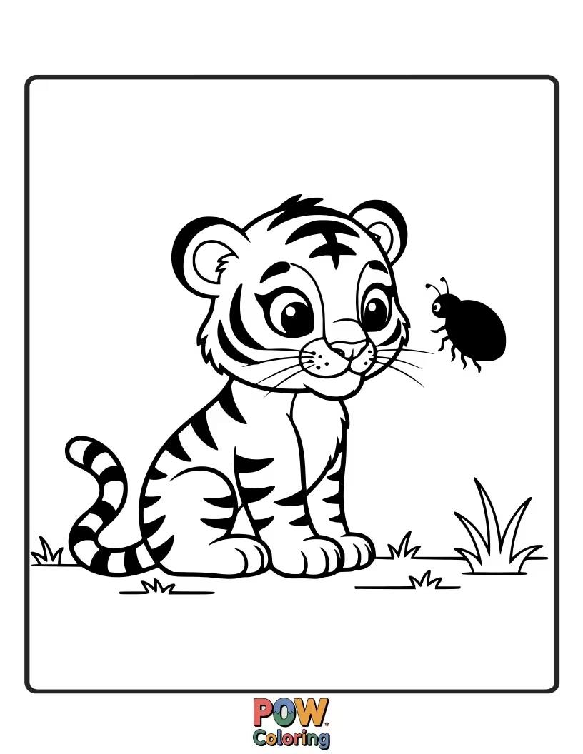 Free coloring page of A curious baby tiger listening intently to a friendly ladybug perched on its paw. Little ears for little whispers.