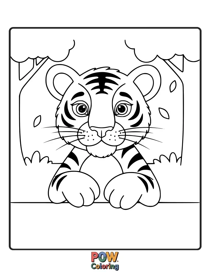 Free coloring page of A pensive baby tiger sitting by a tranquil pond, gazing at its reflection with a thoughtful expression. Deep thinking cub.