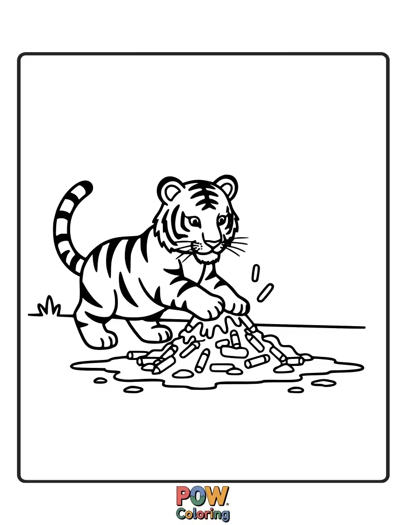 Free coloring page of A funny baby tiger covered in mud from a playful tumble, looking innocently at the viewer. Splish, splash, tiger bash!