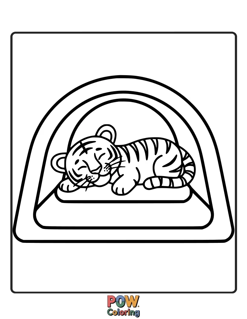 Free coloring page of A tiny tiger snoozing peacefully amongst soft leaves, dreaming of jungle adventures. Perfect for little artists.
