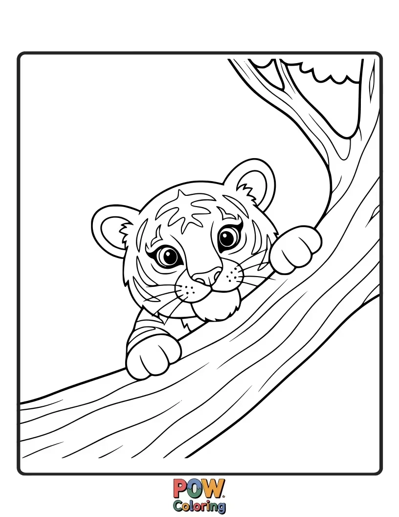 Free coloring page of A shy baby tiger peeking from behind a giant fern, its big eyes full of wonder. Peek-a-boo!