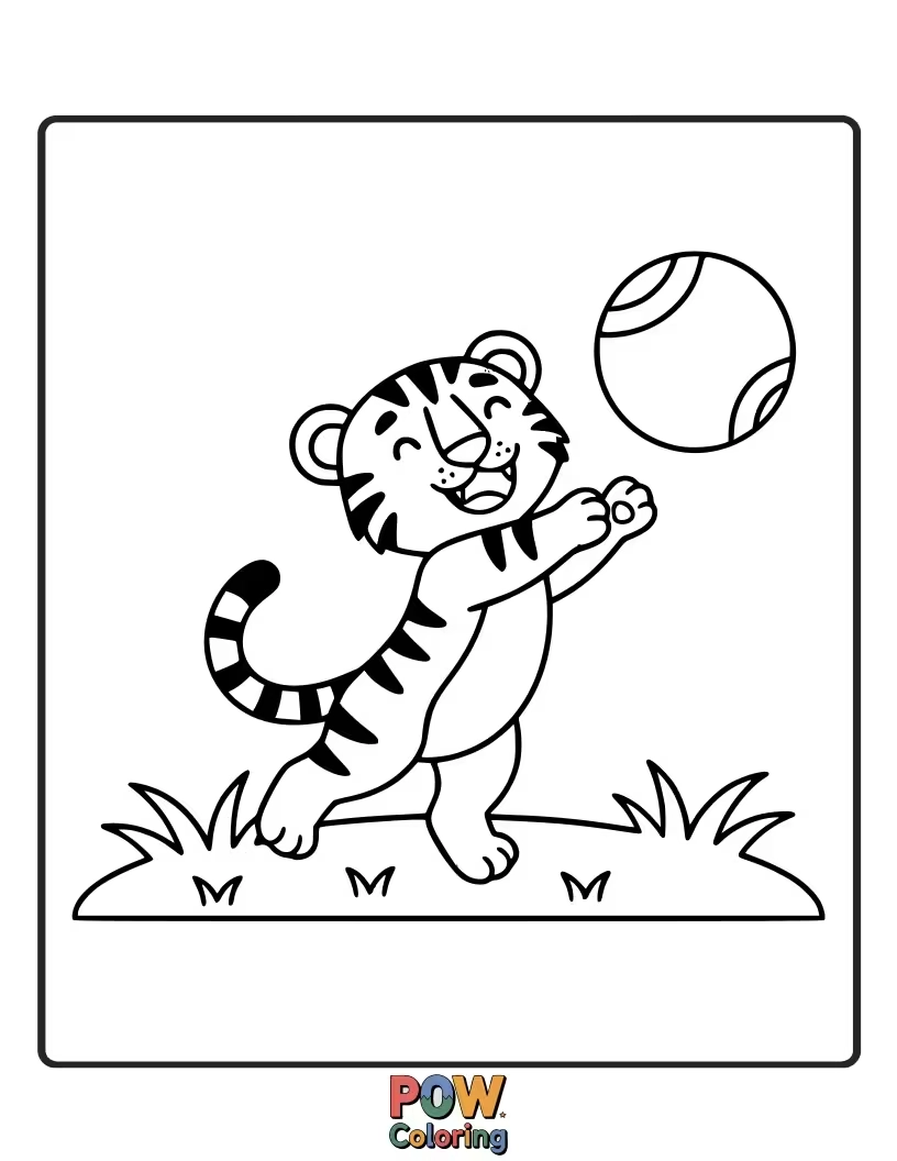 Free coloring page of A giggling baby tiger batting at a playful butterfly with its tiny paws. Joyful jungle antics!