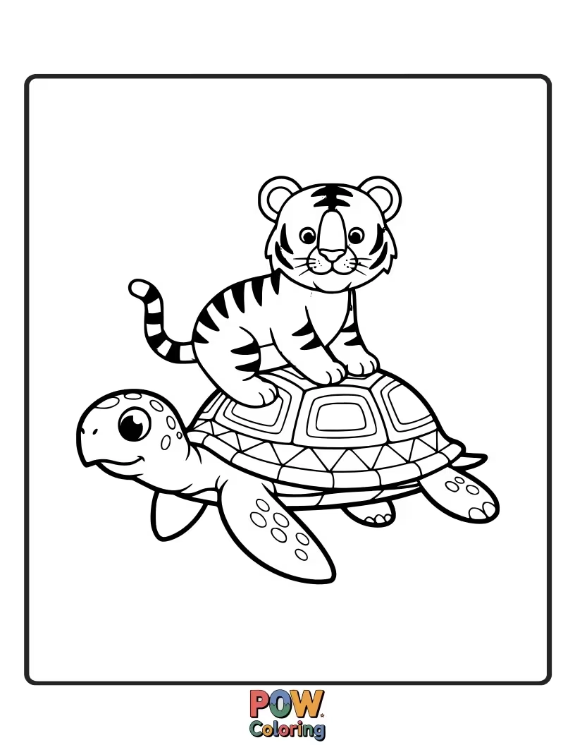 Free coloring page of A humorous scene of a baby tiger gently riding a slow-moving turtle through a peaceful jungle stream. Unexpected friendship!