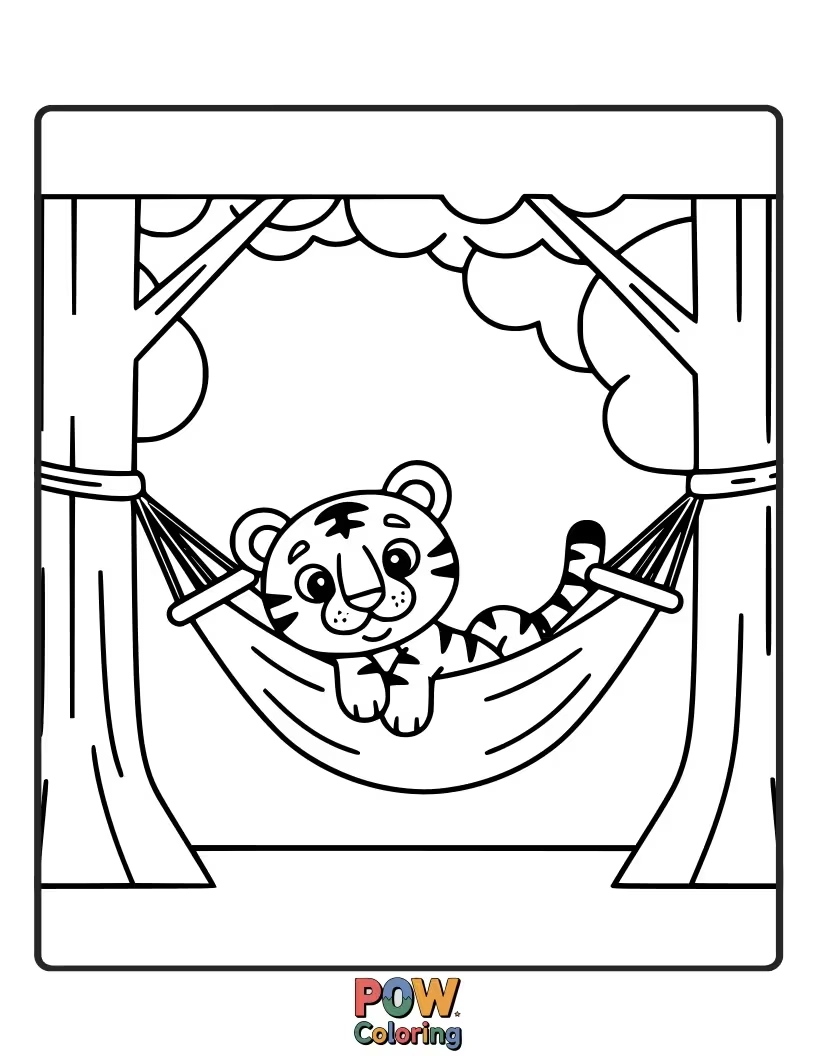 Free coloring page of A sleepy baby tiger enjoying a gentle sway in a leafy hammock, surrounded by lush jungle vines. Pure relaxation.