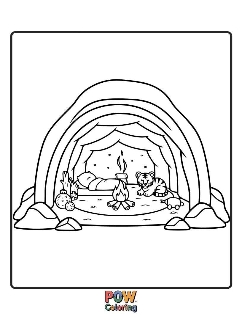 Free coloring page of A snug baby tiger curled up asleep inside a warm and inviting jungle cave, safe and sound. Sweet dreams from home.