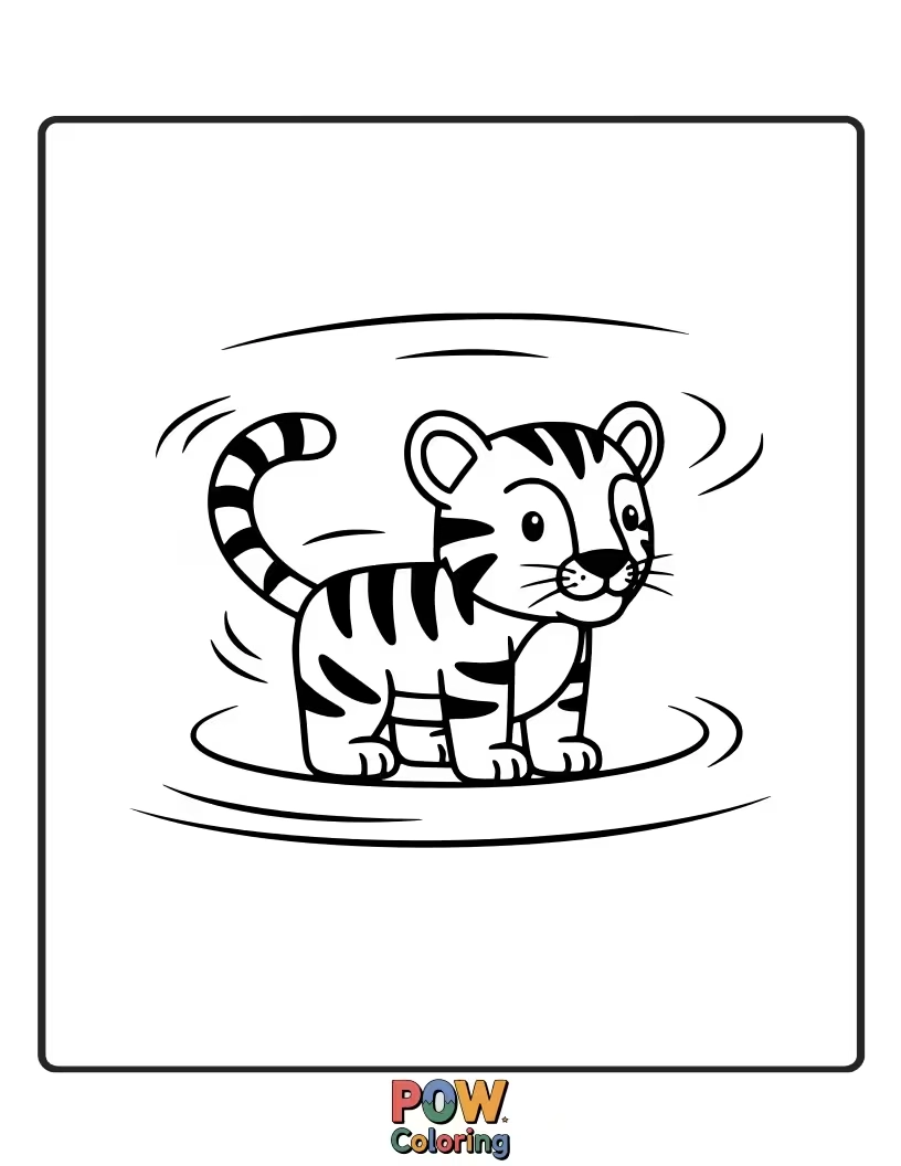 Free coloring page of A funny baby tiger spinning around in circles until it gets dizzy, then collapsing in a heap of fluff. Hilarious playtime.