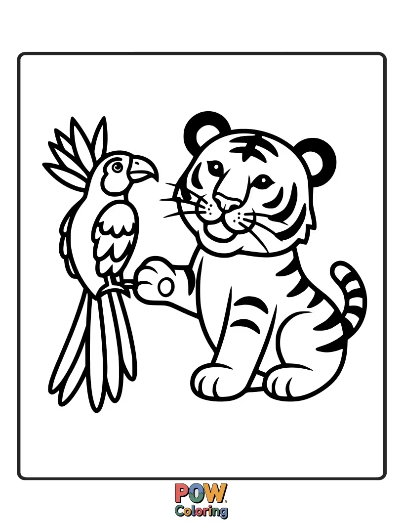 Free coloring page of A gentle baby tiger befriending a small, colorful bird that has landed on its head. Unexpected jungle pals.