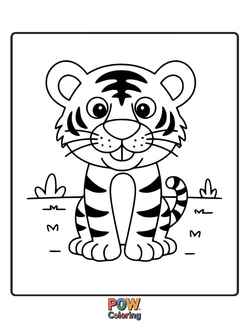 Free coloring page of A curious baby tiger playfully chasing its own tail, with one wobbly stripe just appearing. So much mischief!