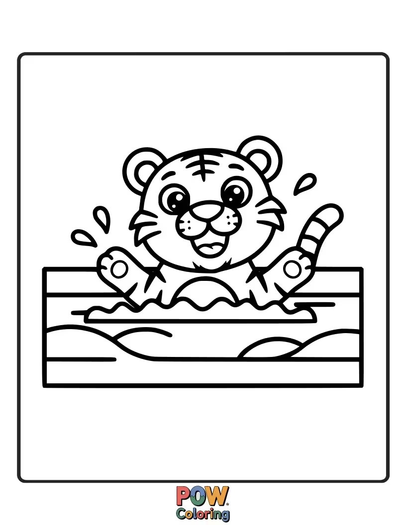 Free coloring page of A slightly nervous but excited baby tiger dipping a paw into a cool jungle stream. Learning to be brave.