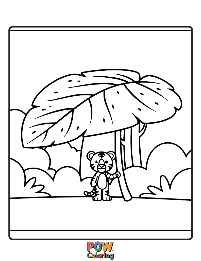 Free coloring page of A clever baby tiger using a huge leaf as an umbrella during a gentle jungle rain shower. Staying dry and cute.