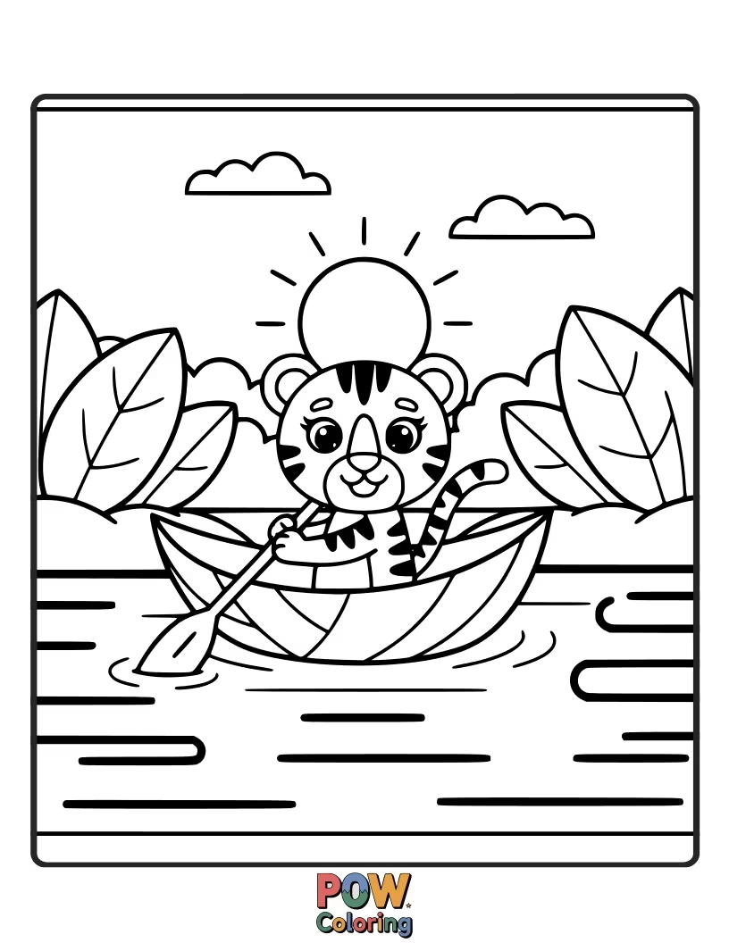 Free coloring page of A happy baby tiger sailing down a gentle river on a large leaf, enjoying the ride. Adventure on the water.