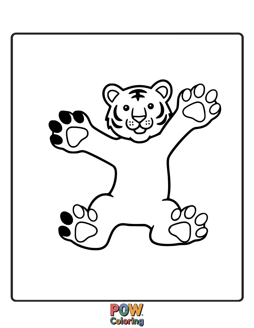 Free coloring page of A whimsical baby tiger leaving a trail of colorful rainbow paw prints as it explores its vibrant jungle home. Magic everywhere!