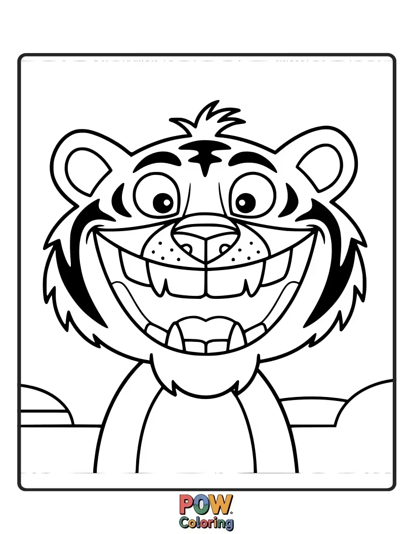 Free coloring page of A hilarious baby tiger showing off its tiny fangs in a wide, silly grin. So fierce, yet so cute!