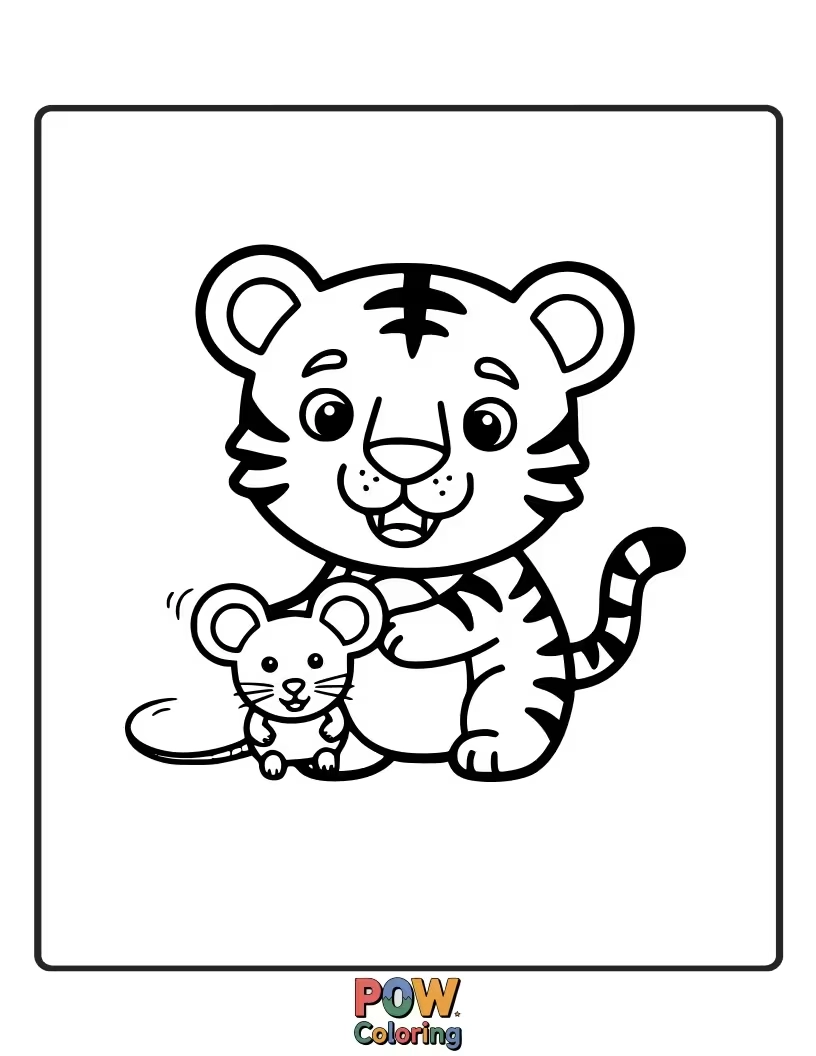 Free coloring page of A playful baby tiger batting around a little toy mouse made of leaves. Endless entertainment for a little cub.