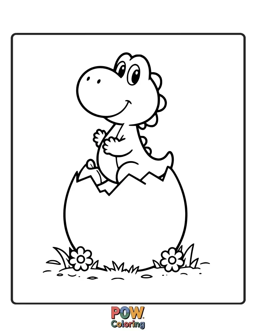 Free coloring page of Cute Baby Yoshi, freshly hatched, on top of its eggshell.