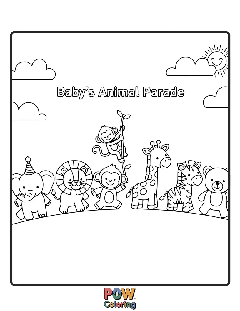Free coloring page of A collection of cute baby animals marching happily in a line, led by a playful baby. A gentle procession.