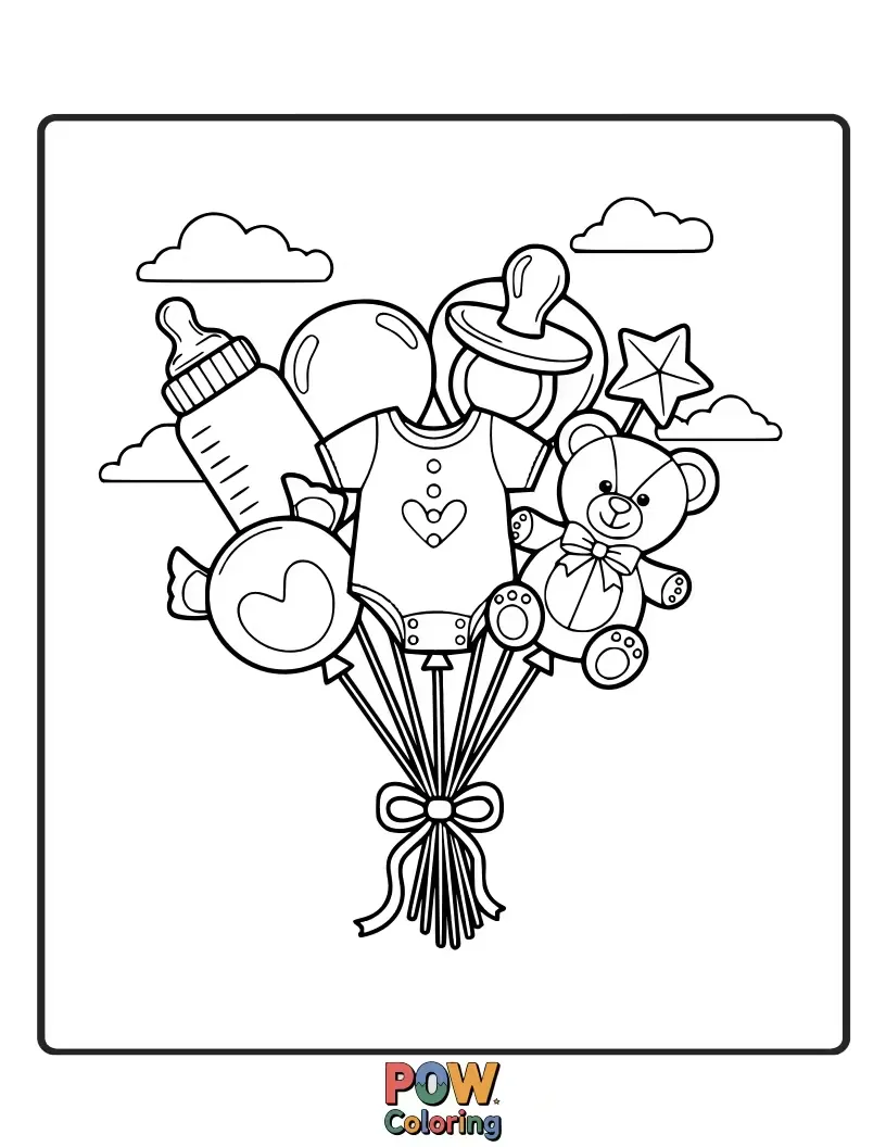 Free coloring page of A baby holding a vibrant bouquet of helium balloons that lift them slightly off the ground. Soaring!