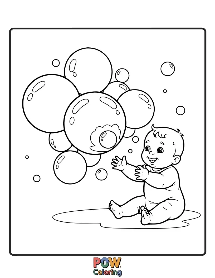 Free coloring page of A joyful baby laughing and reaching for floating, iridescent bubbles in a playful bathtub scene. Splash!