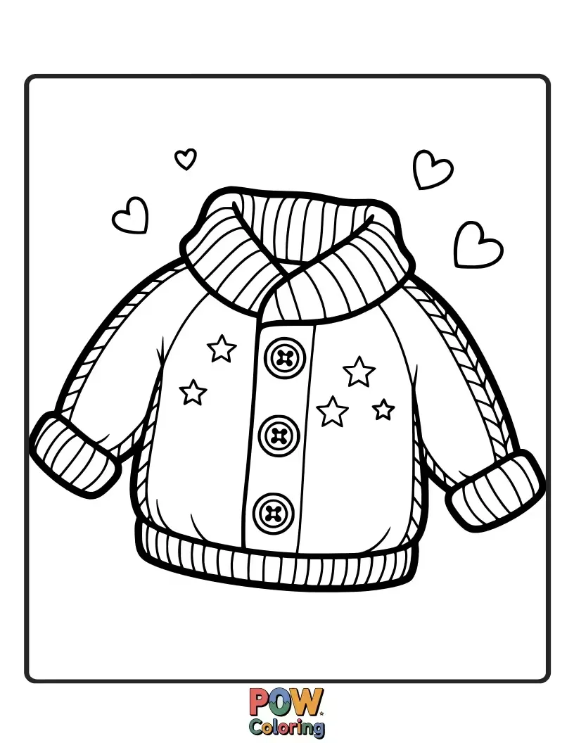 Free coloring page of A cuddly baby snuggled in an oversized, knitted sweater with cute animal patterns. Warm and snug.
