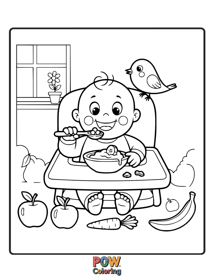 Free coloring page of A giggling baby enthusiastically exploring a brightly colored piece of fruit, with a happy mess around their mouth. Yum!