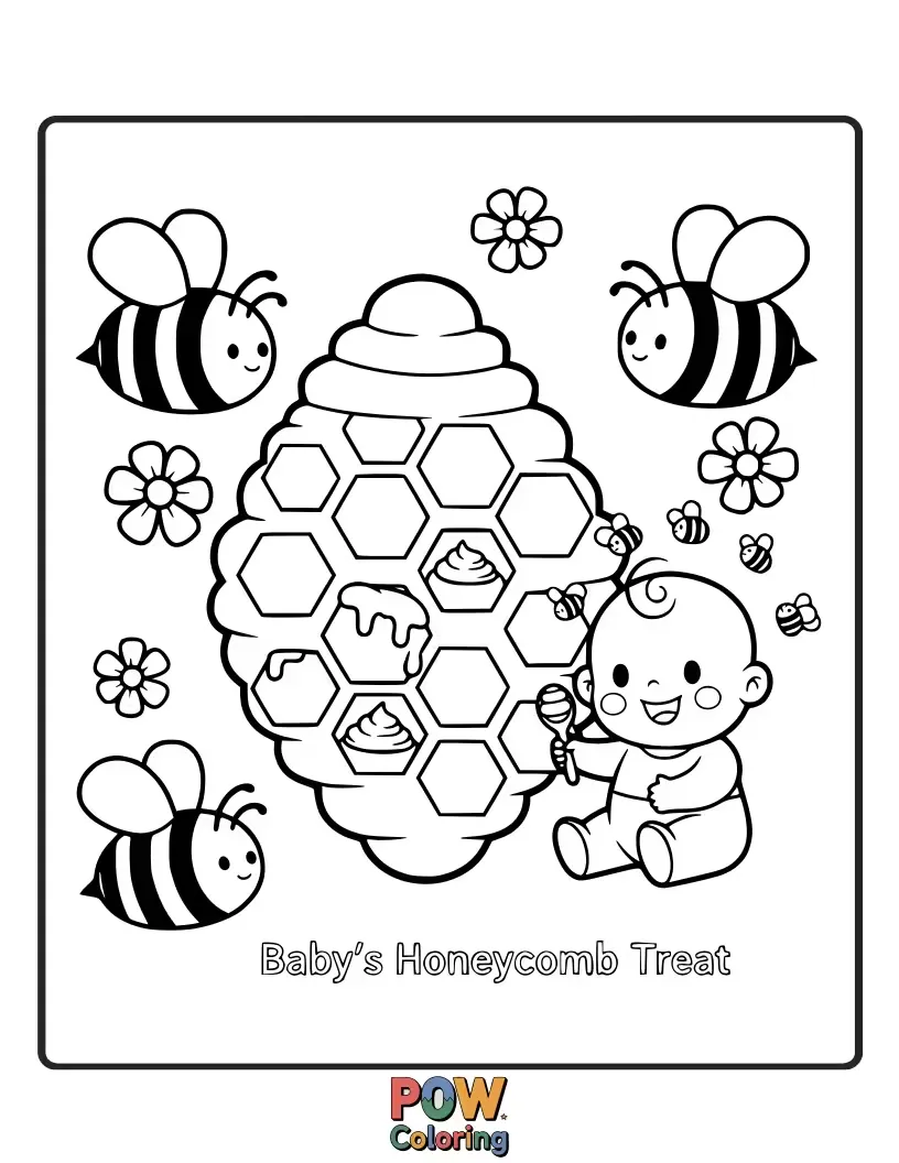Free coloring page of A happy baby gently reaching for a dripping honeycomb, with friendly bees buzzing nearby. Sweet discovery!
