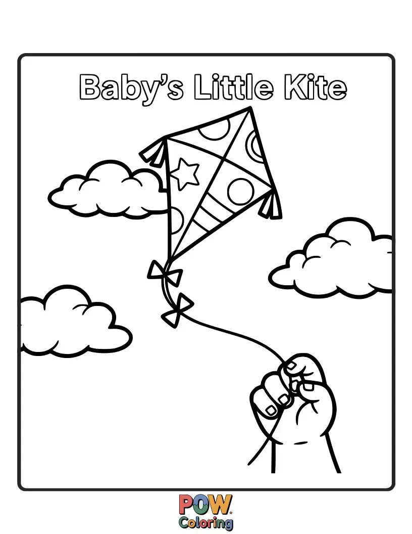 Free coloring page of A baby joyfully flying a colorful kite that dances in the breezy, sunny sky. Wind in their hair!