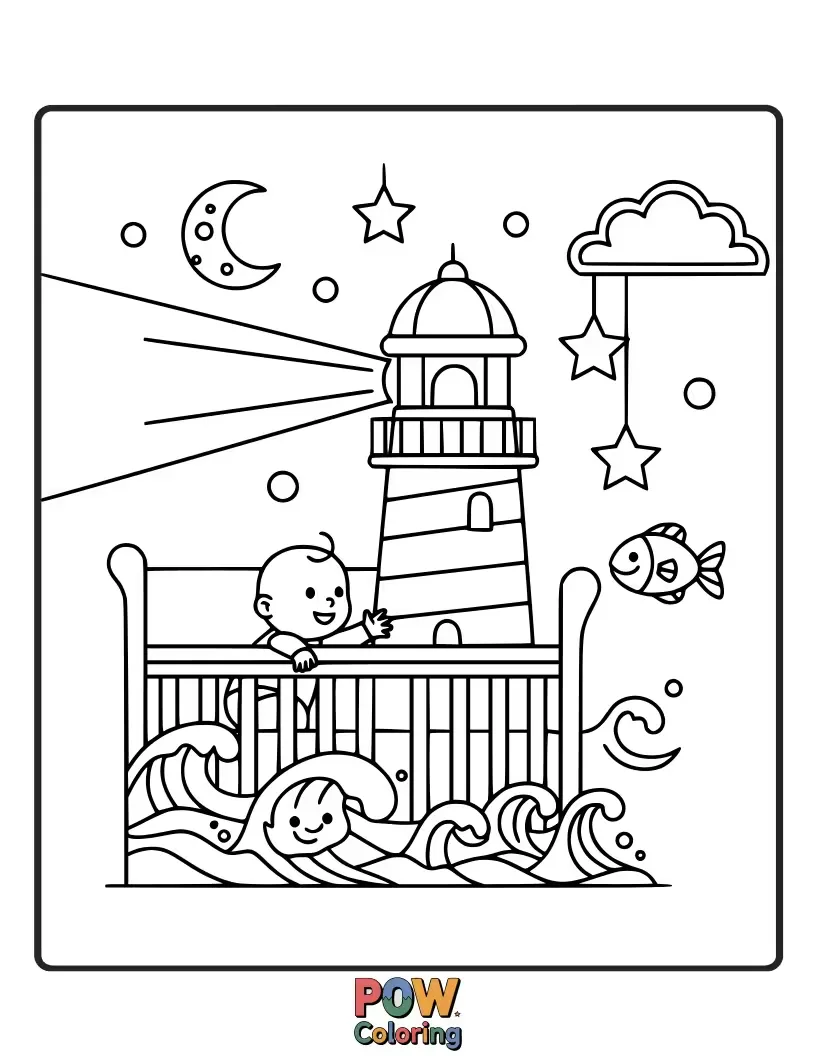Free coloring page of A brave baby standing at the top of a cute, friendly lighthouse, guiding imaginary ships with a soft glow.