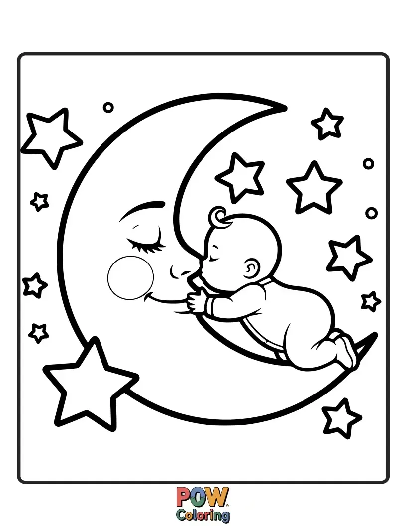 Free coloring page of A baby reaching up to give a gentle kiss to a smiling, benevolent moon. Sweet dreams ahead!