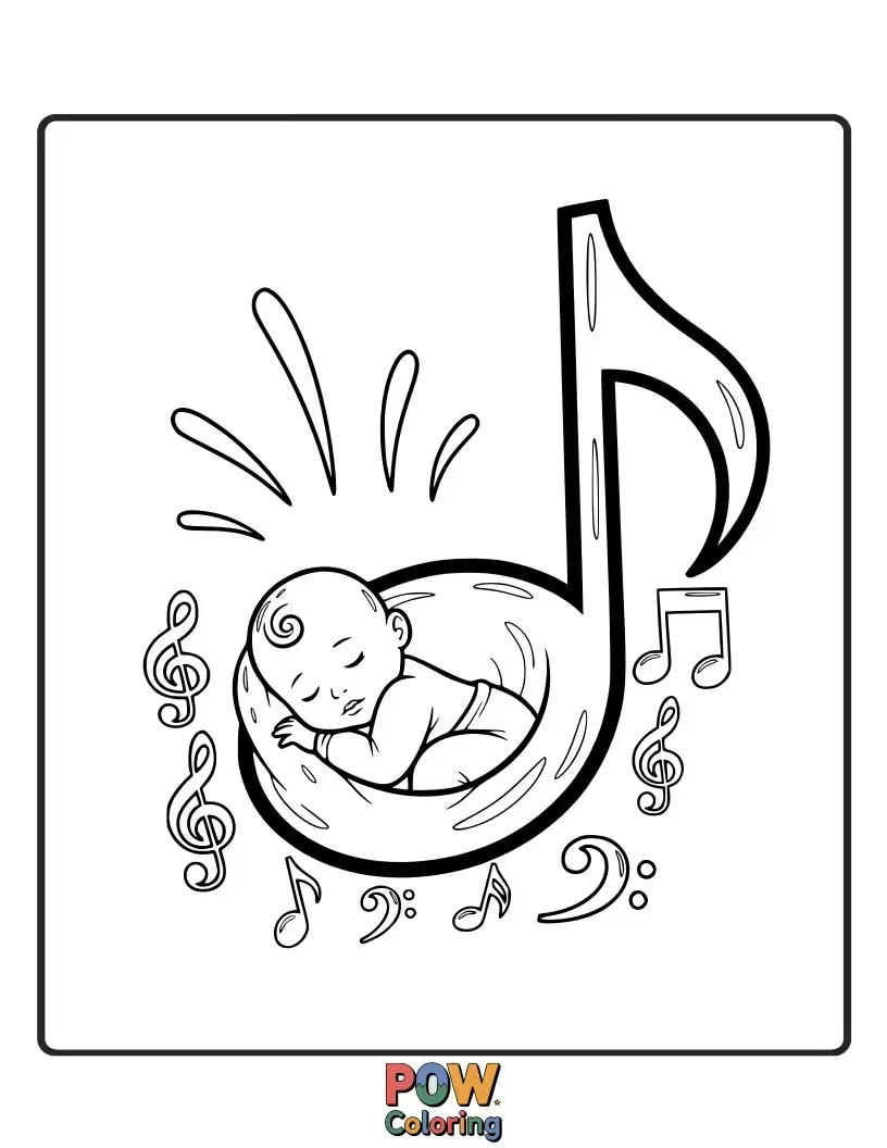 Free coloring page of A baby delightedly tapping a giant, smiling musical note, creating happy sounds in a vibrant world.