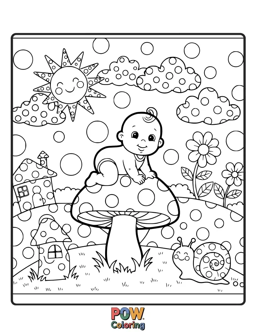 Free coloring page of A baby exploring a world filled with colorful polka dots of all sizes, bouncing and playing. Fun!