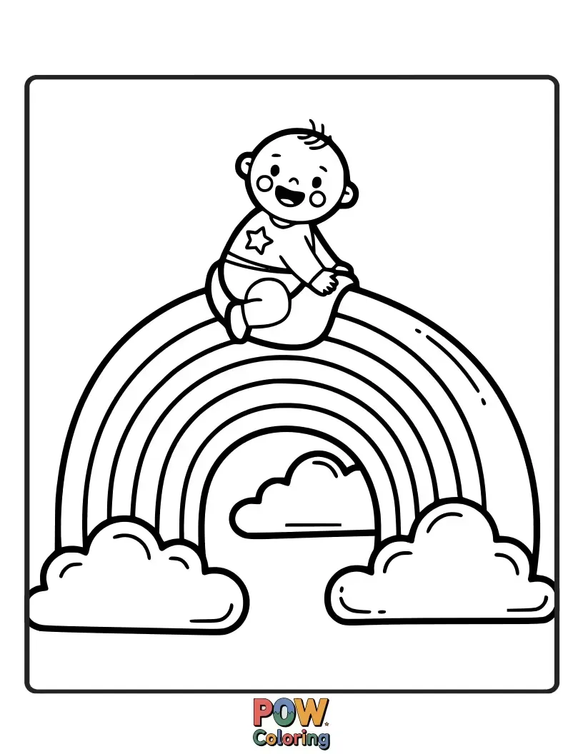 Free coloring page of A baby joyfully sliding down a vibrant rainbow, leaving a trail of sparkles and laughter behind.
