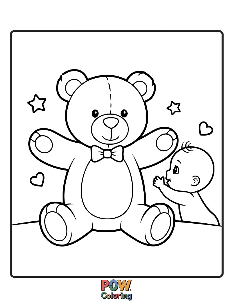 Free coloring page of A cuddly baby snuggling with a beloved, oversized teddy bear, sharing a moment of sweet companionship.