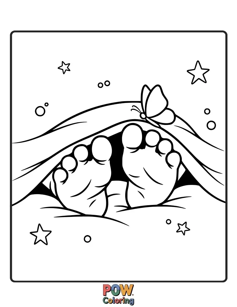 Free coloring page of Close-up of adorable baby toes wiggling happily, perhaps adorned with tiny footprints or little bows. So cute!