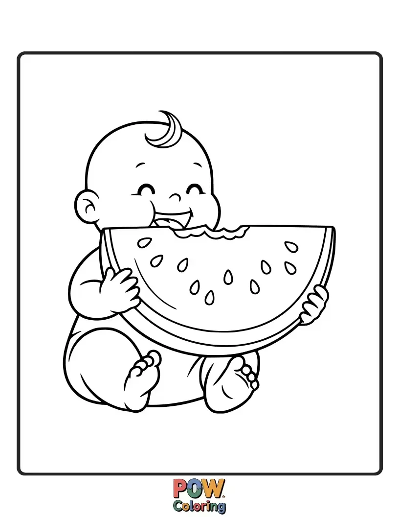 Free coloring page of A delighted baby taking a big bite out of a giant, juicy watermelon slice. Refreshing fun!