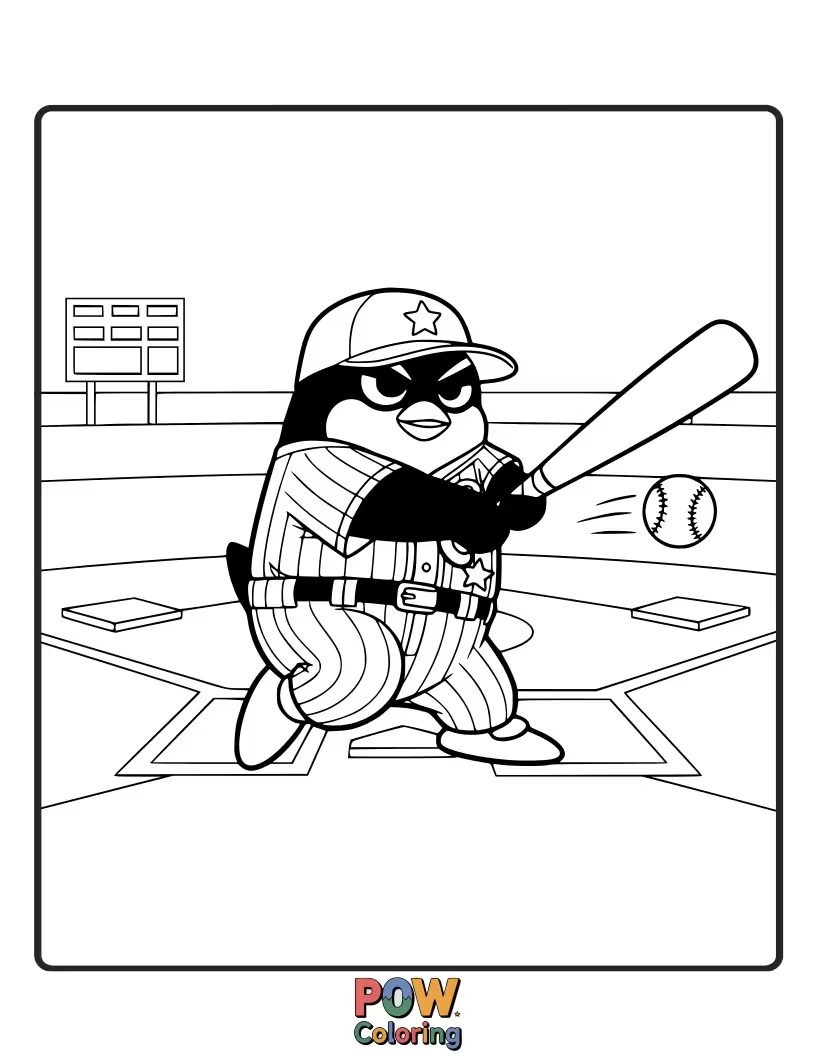Free coloring page of Badtz-Maru ready to hit a home run with his baseball bat.