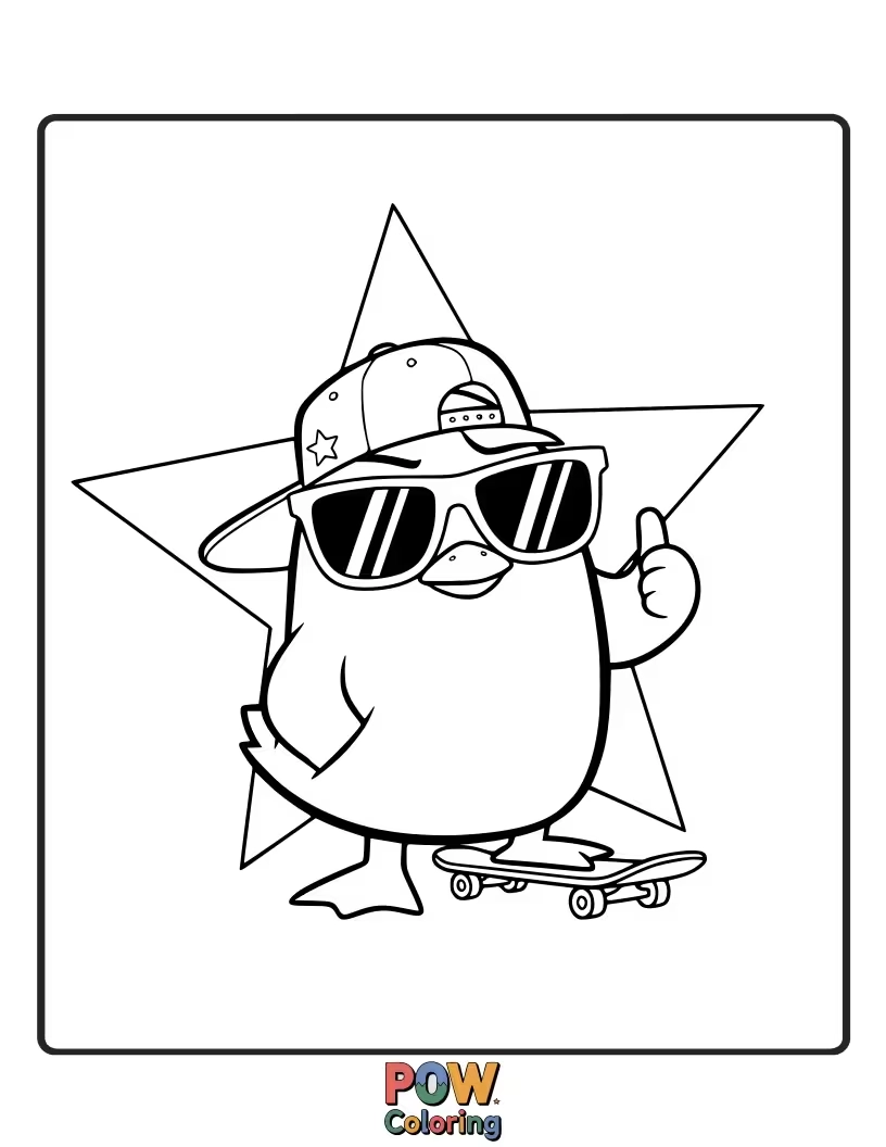 Free coloring page of Badtz-Maru with his trademark grumpy yet cool expression, wearing sunglasses.
