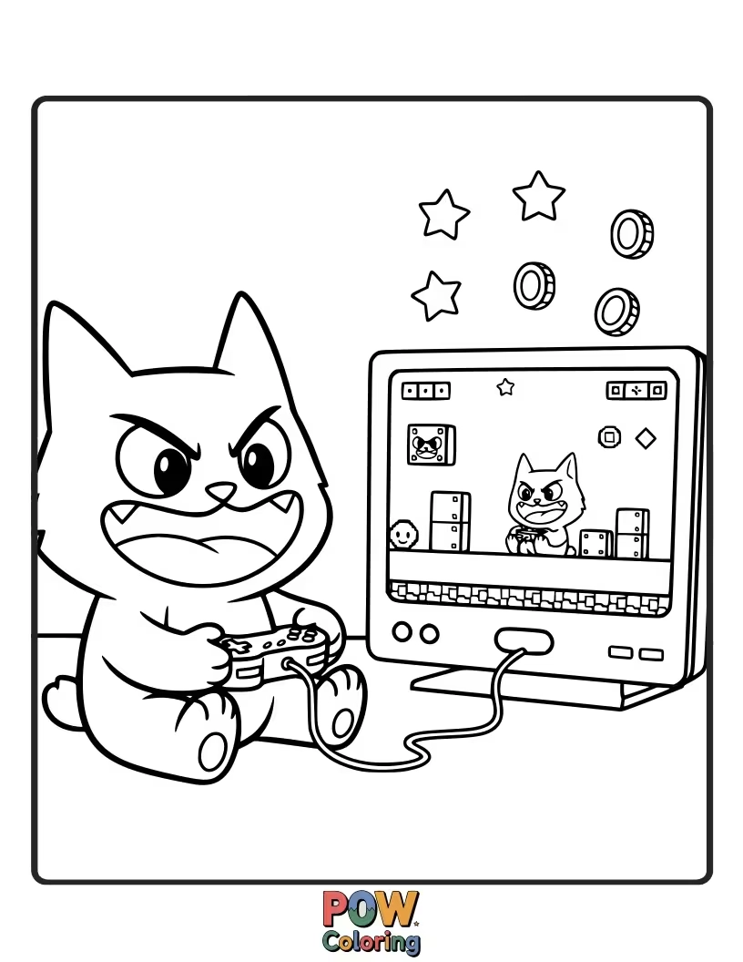Free coloring page of Badtz-Maru intensely focused on playing his favorite video game.
