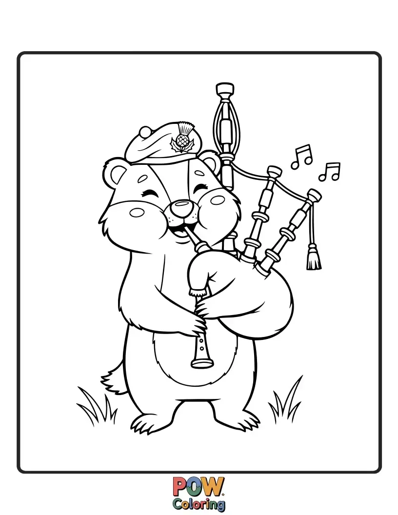 Free coloring page of A determined badger in a kilt bravely playing a set of bagpipes. Funny, unique, and wonderfully bold.